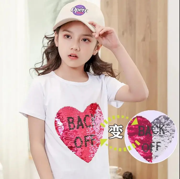 

Футболки для девочек, футболка с блестками, Детская рубашка с мультяшным котом для девочек, одежда для подростков для девочек, двусторонняя ...