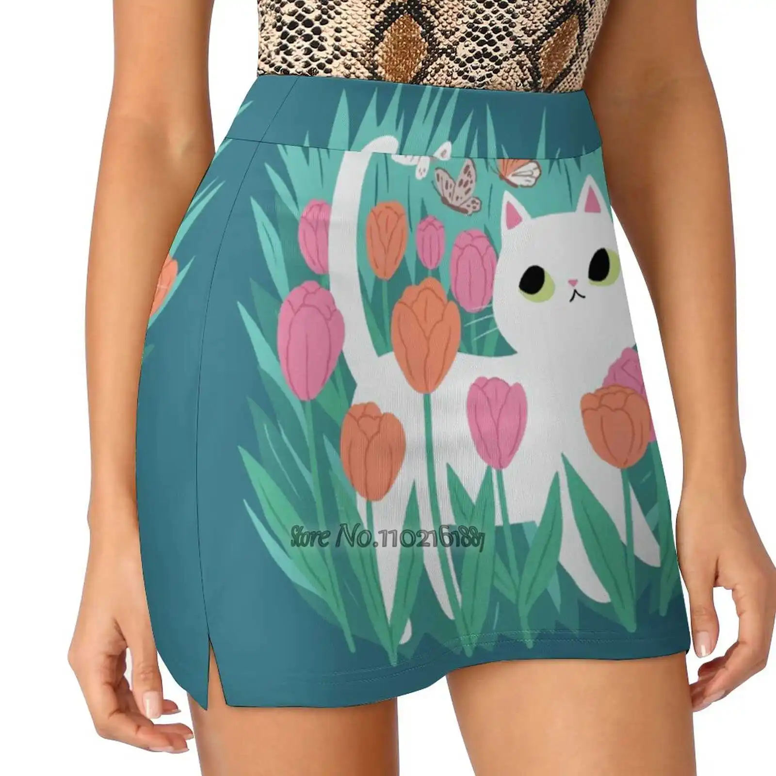 

White Cat In The Tulips Women Mini Skirt Two Layers With Pocket Skirts Sport Fitness Running Skorts Tulips Cat Kitten White Cat