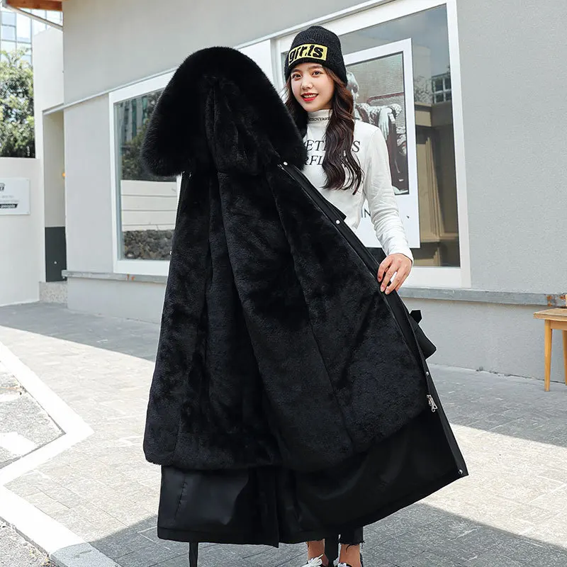 Korean Style Women Winter Jacket Hooded Thicken Parkas Coat Fleece Wool Liner Distachable Warm Long Thick Faux Fur Padded Parkas