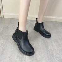 womens leather chelsea boots round toe thick heels rome winter solid color black sewing slip on diamond element ins ankle boots