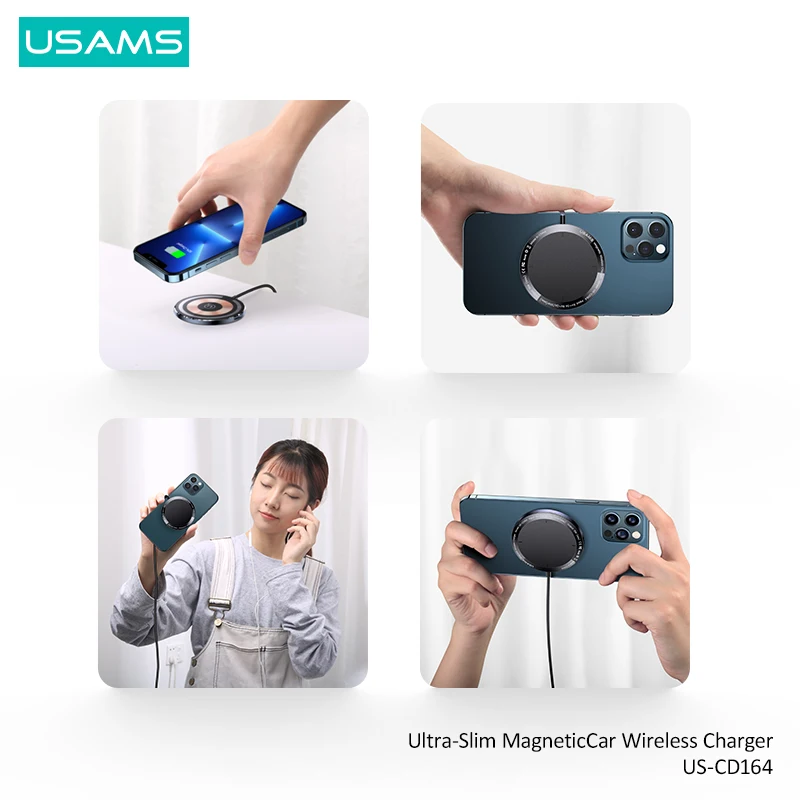 USAMS 15W Transparent Qi Fast Charging Magnetic Wireless Car Charger Holder For iPhone 14 Pro Max 13 12 11 Huawei Xiaomi Samsung