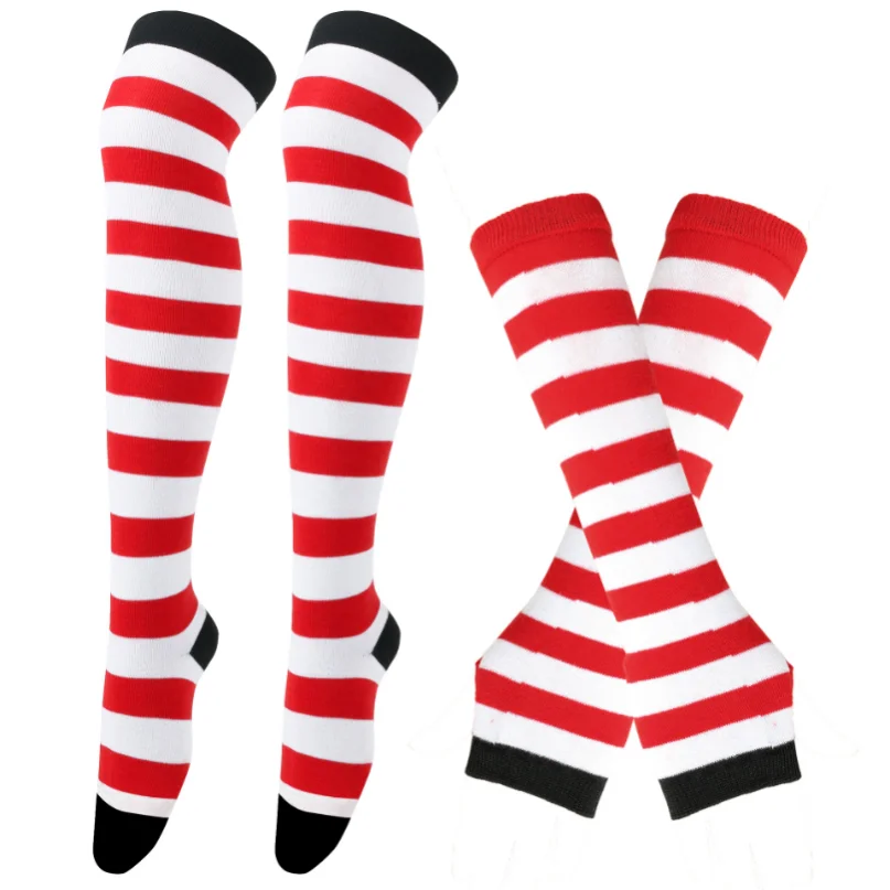 Womens Stockings Arm Sleeve Gloves Set Striped Thigh High Socks Ladies Girls Black White Long Over Above Knee Socks Lolita 2023 images - 6