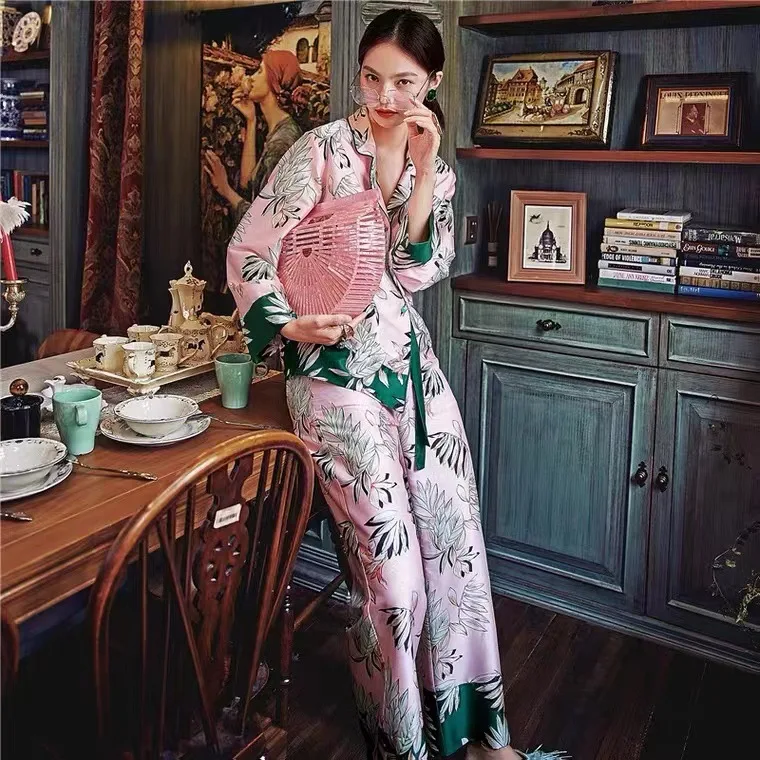 Floral Print Women's Pajama Set Pink Summer Satin Ladies Home Suit Spring Pijama 2 Pieces With Pants Home Wear For Female 2023