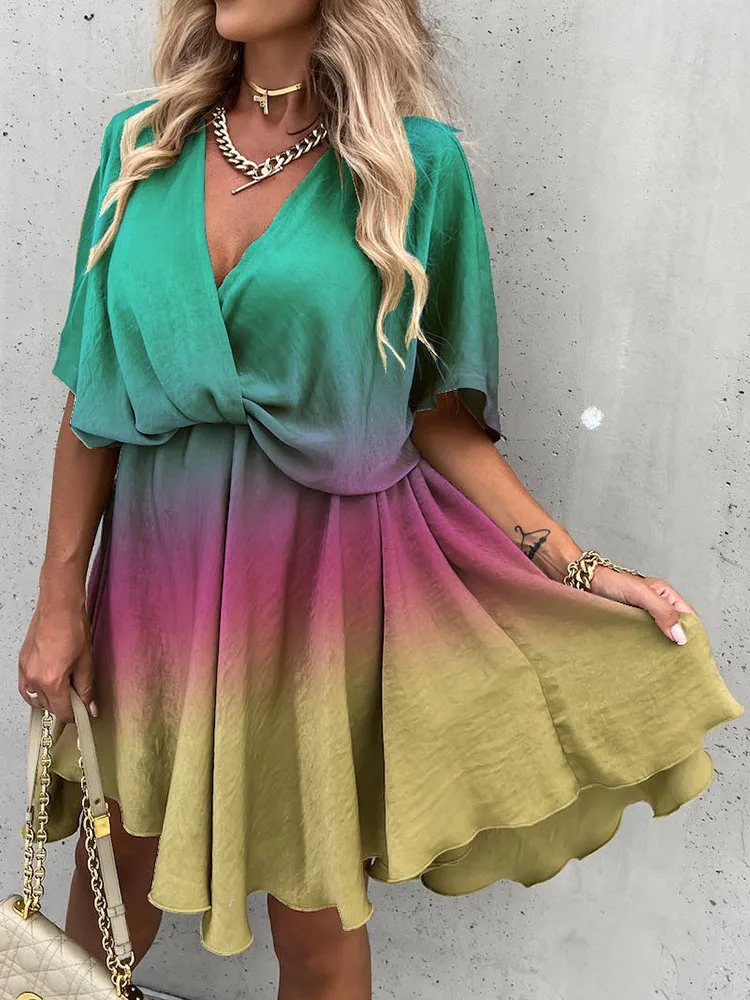 

Sexy Wrap V Neck Draped Party Dress Women Spring Tie-dye Print Stitching Mini Dress Summer Short Sleeve Waist Office Lady Dress