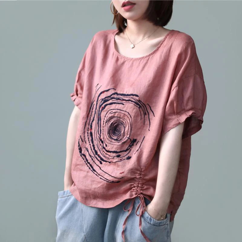 

New Arrival 2020 Summer Arts Style Women T-shirt Plus Size Loose Casual Cotton Linen Embroidery Paisley Tee Shirt Femme Tops M17