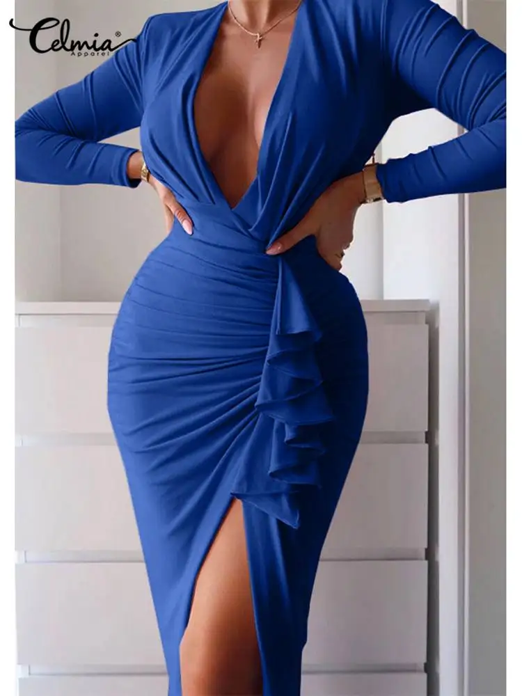 

Celmia Asymmetrical Fashion Ruched Dress Deep V-neck Long Sleeve Sexy Bodycon Draped Midi Dresses Women Elegant Party Vestidos