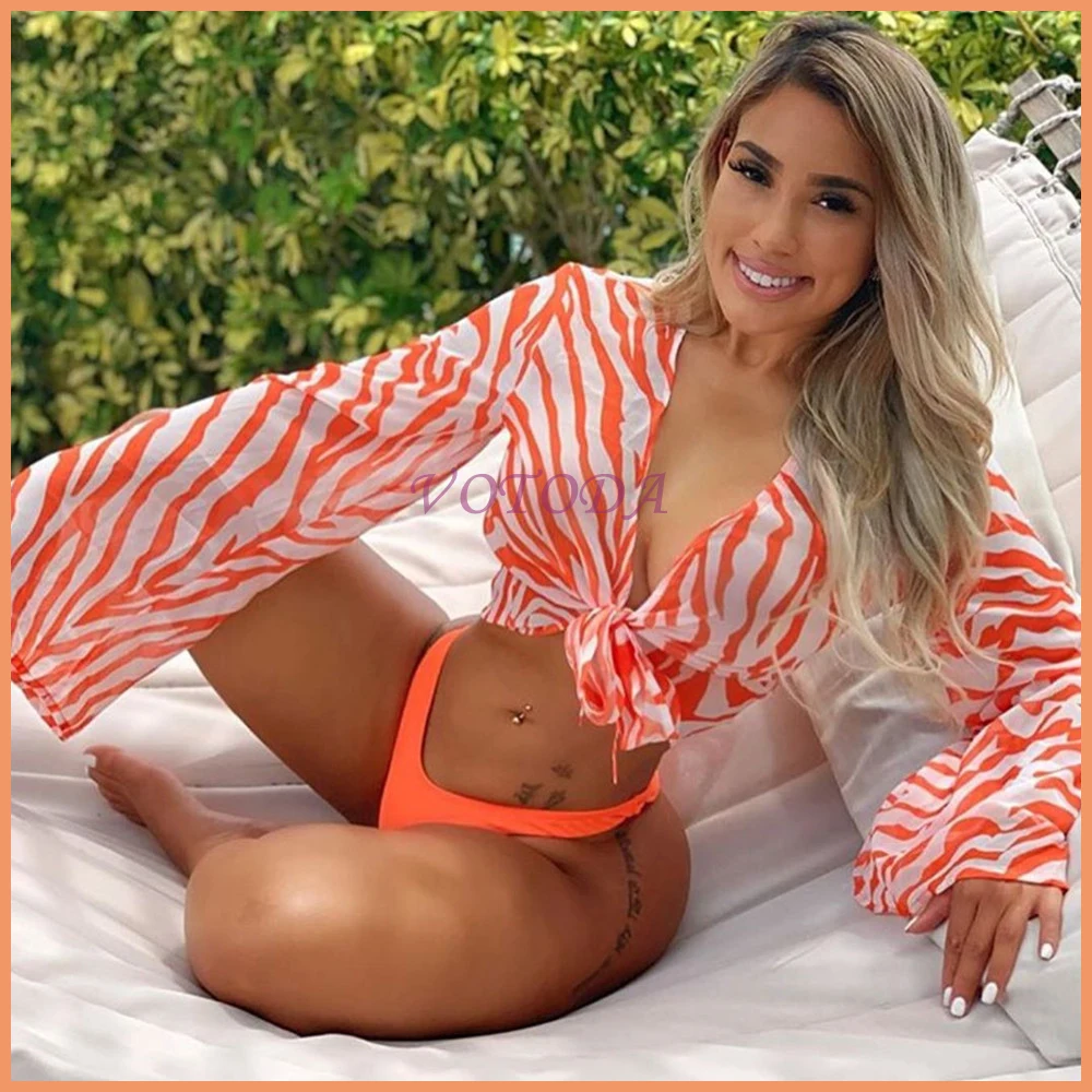 

Fashion Sexy Zebra Stripes Bikini Set Swim Suit Three Pieces Split Women Swimwear Long Bell Sleeve Cover Up Beach Bathing Suit