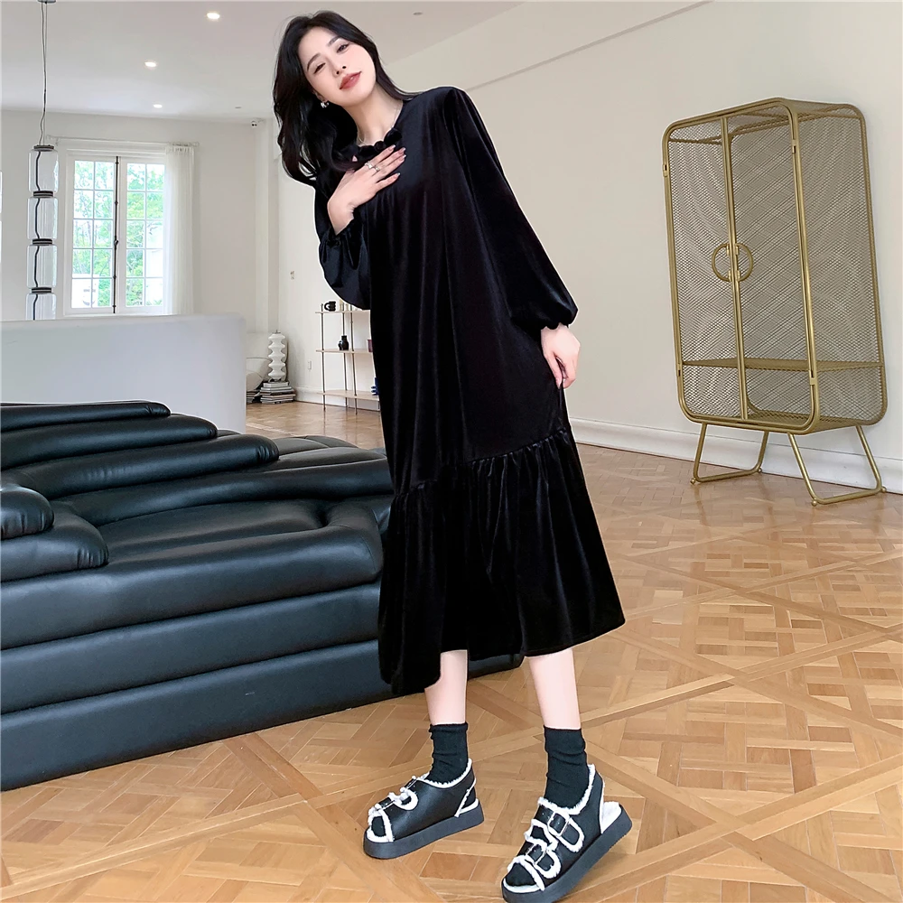 

2023 Autumn New Korea Woman Dress Vestidos Robe Elbise Loose Plus Size Solid Velvet Long Dresses