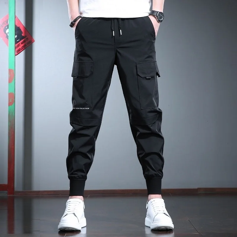 Summer 2023 Fashion Cargo Pants Men Sport Joggers Pencil Pants Streetwear Casual Thin Black Drawstring Trousers