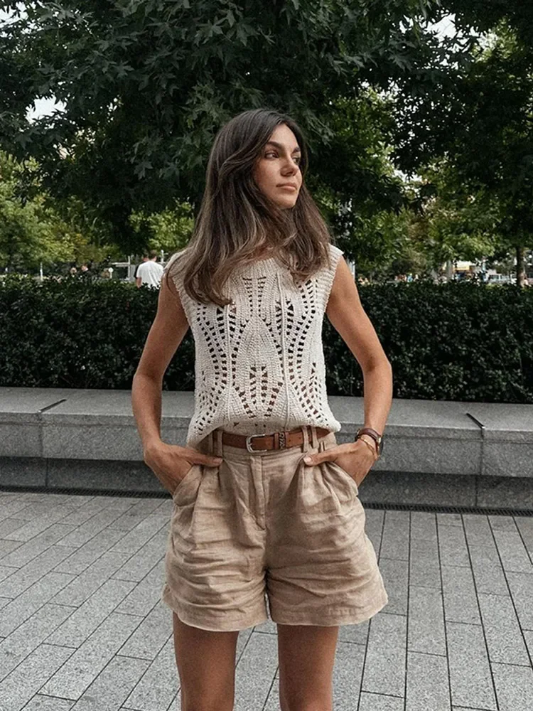 Элегантный вязаный крючком жилет с круглым вырезом для женщин модные