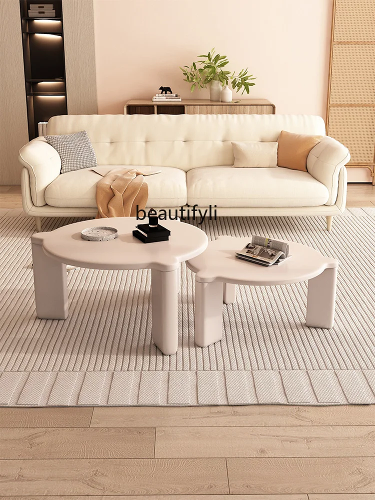 

Small Apartment round Combination Living Room Home Cream Style Milky White Small Tea Table