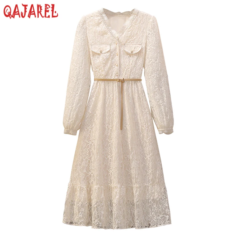 

Новинка 2023, белое кружевное платье средней длины с цветочным узором и крючком, женское модное платье в стиле бохо, Осеннее элегантное облегающее платье с V-образным вырезом