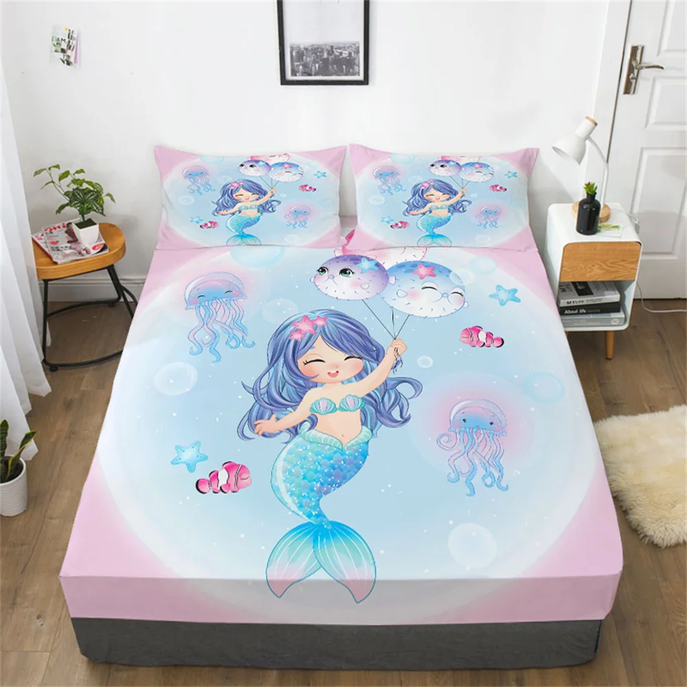 

Cartoon 3D Comforter Set Queen Bed Sheet Sets Teens Children Home Bedclothes Mermaid Cotton Fitted Sheets Bedding Covers