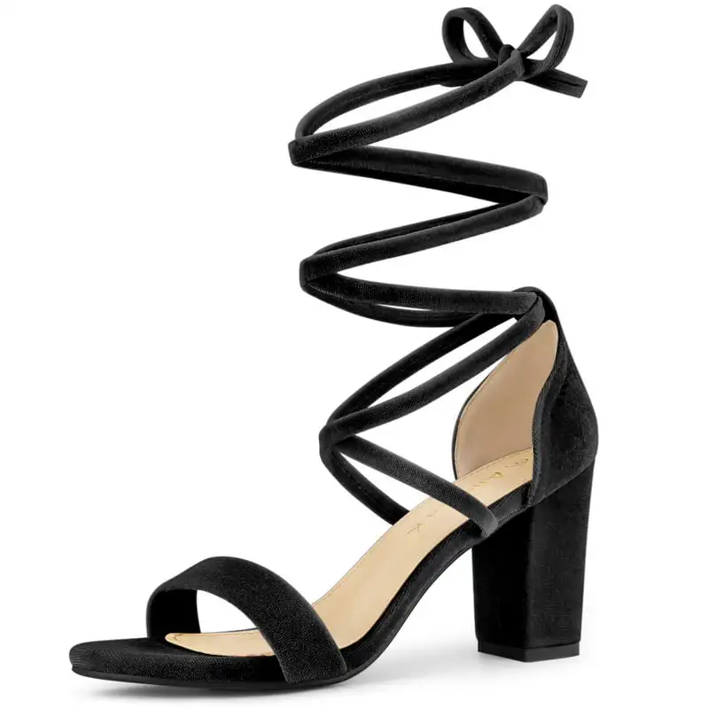

Women's Faux Velvet Lace-Up Strappy Chunky Heels Sandals