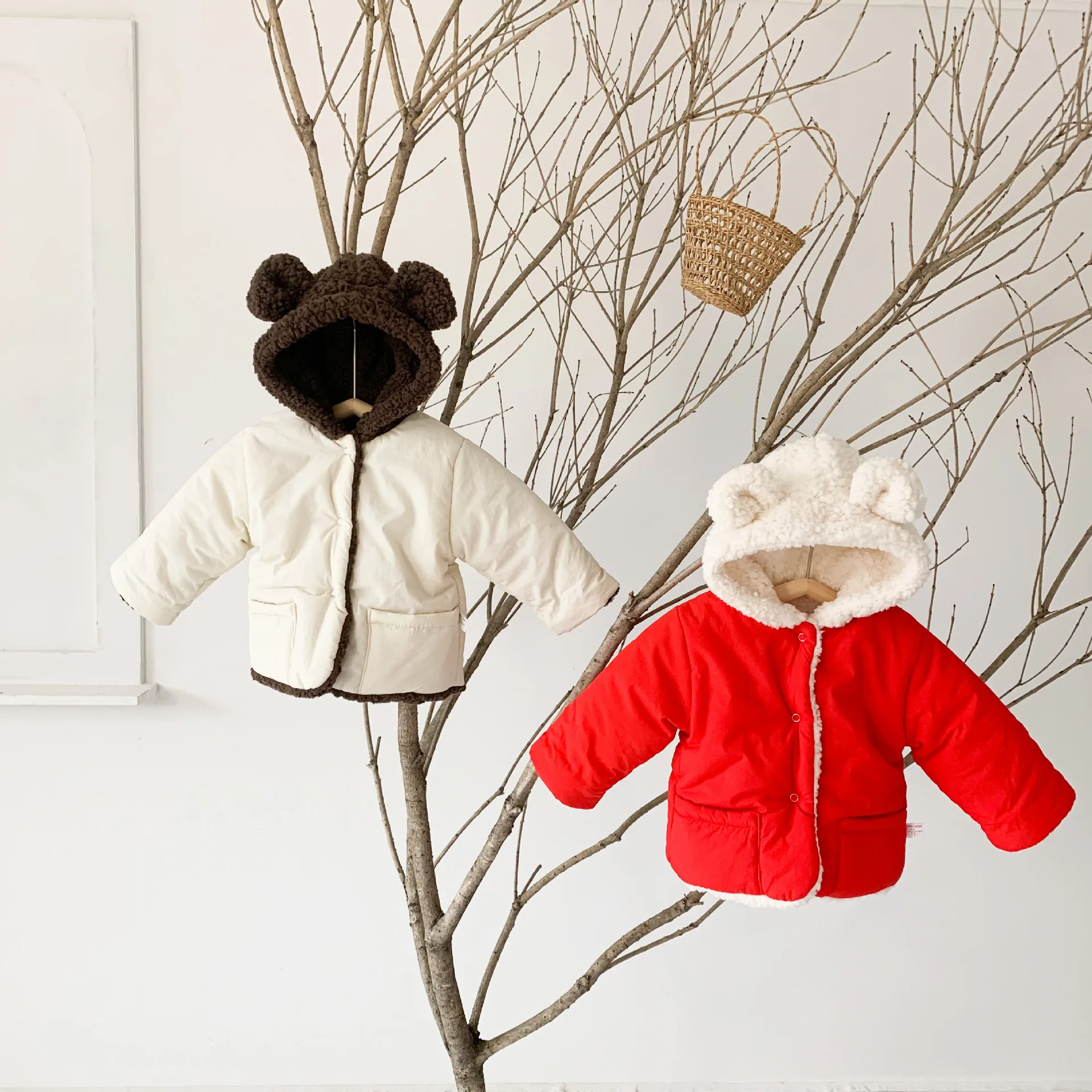 Baby Clothing Winter New Lamb Velvet Cotton Coat Baby Red Warm Reversible Coat Girl Long-Sleeved Hooded Fleece Top