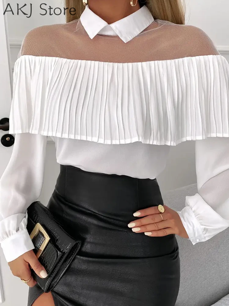 

Women Ruffles Hem Sheer Mesh Long Sleeve Top Blouse