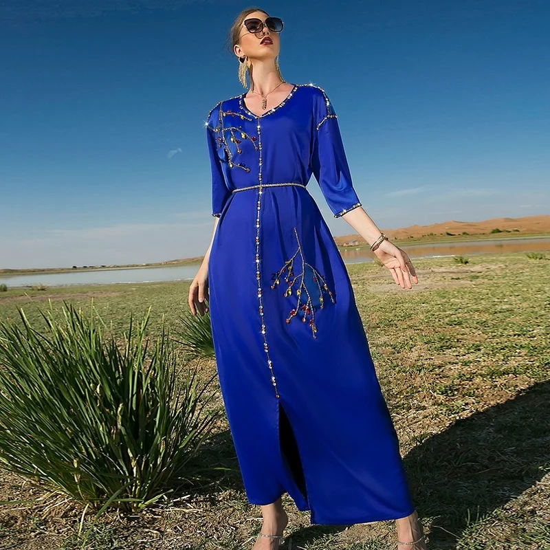 Royal Blue Satin Mid Sleeve Elegant Long Dress 2022 New Fashion Ramadan Dresses Muslim Dubai Abaya Satin Kaftan Eid Mubarak