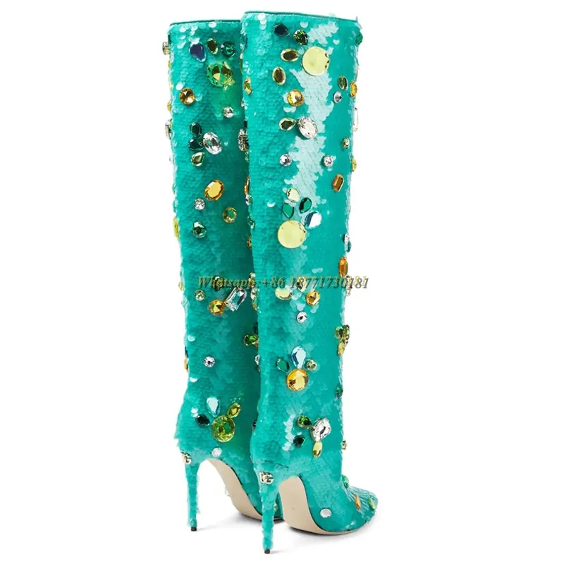 Green Gemstone Sequin Pointed Toe Stiletto Knee High Women's Boots Plus Size Runway Show Dancing Boots Spring Autumn Winter
