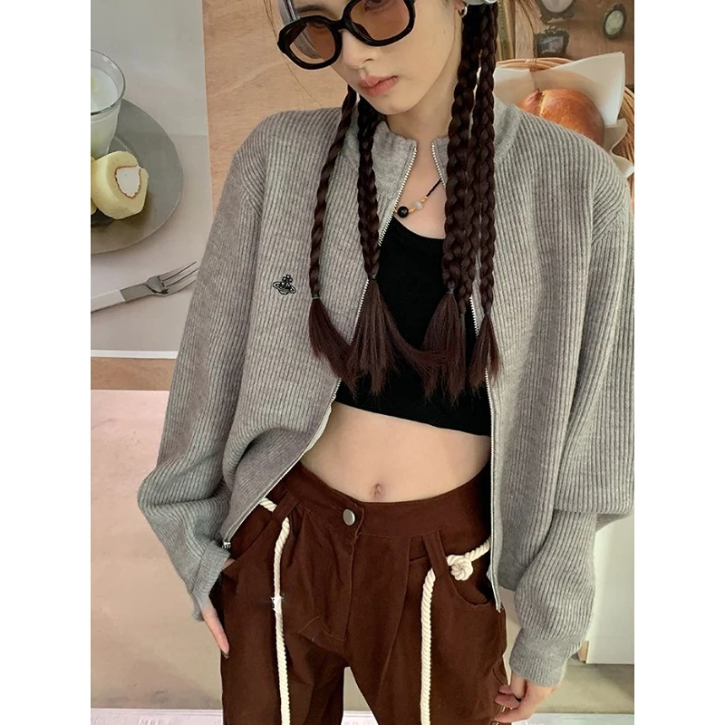 

Deeptown American Kpop Streetwear Zip Sweater Cardigan Women Y2k Vintage Grey Jumper Harajuku Hippie Casual Knitted Top Female