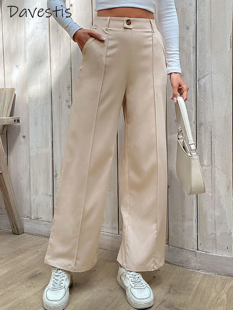 

Брюки женские повседневные широкие на одной пуговице, Модные свободные офисные однотонные штаны абрикосового цвета, для поездок, 2023