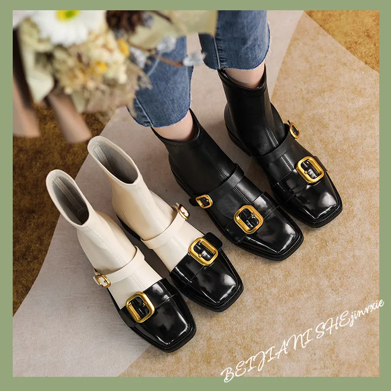 

Metal Belt Buckle Boots Winter Solid Boots Slip On Shoes Women Fashion Casual Chelsea Boots Round Head Ladies Shoes 2022 Hot