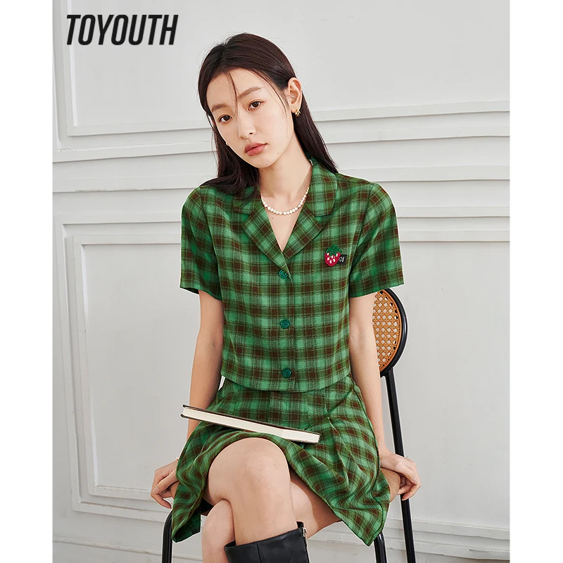 

Toyouth Women Shirts 2023 Summer Short Sleeve Polo Neck Short Blouse Green Coffee Check Print Chic Casual Streetwear Tops