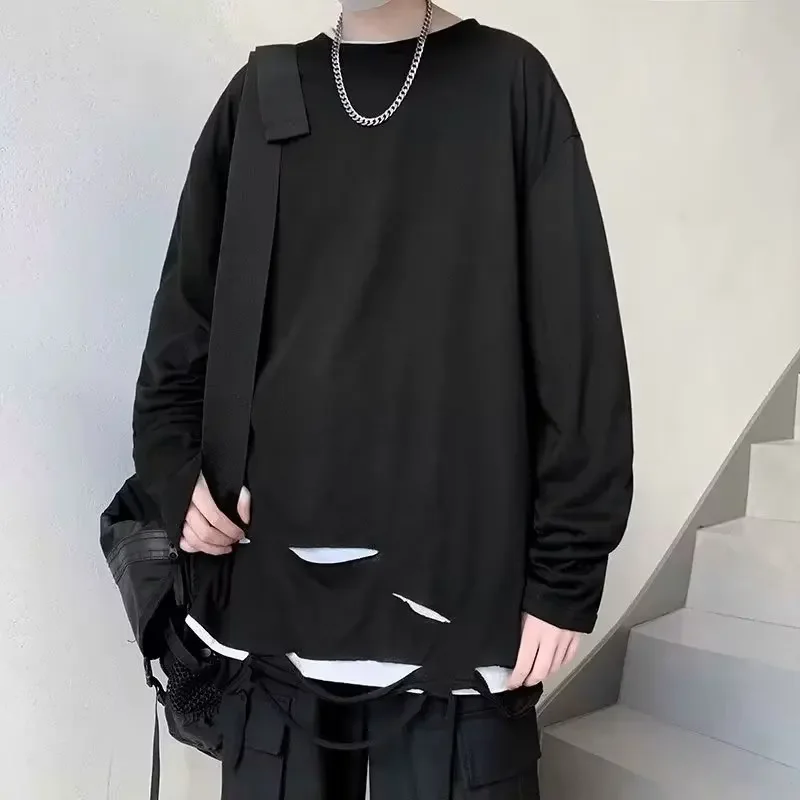 Футболка мужская с длинным рукавом модная рваная приталенная рубашка в стиле