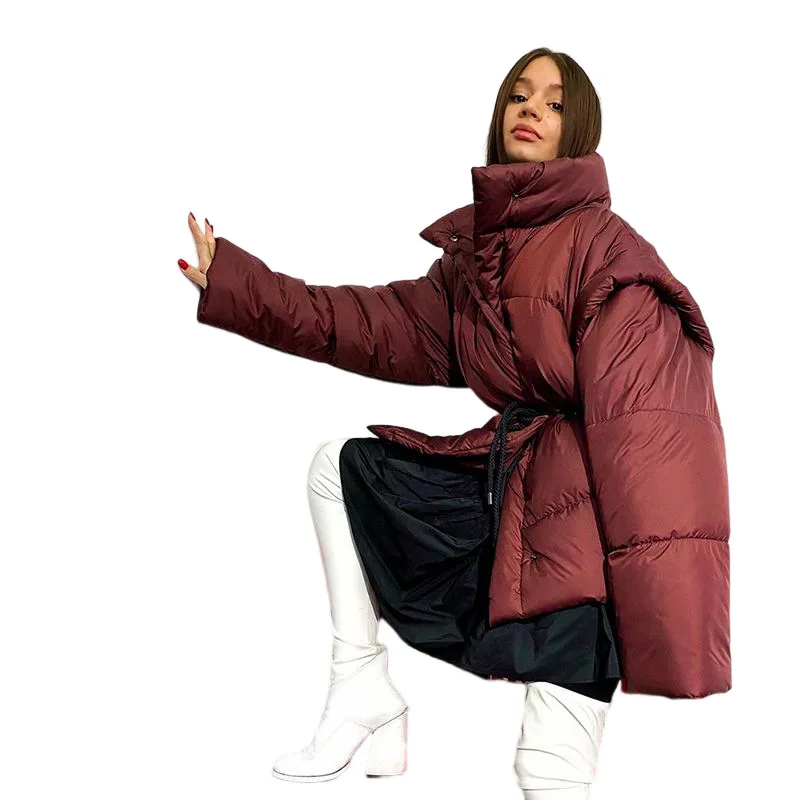 Warm Fashion Long-Sleeved Detachable Hood Loose Cotton Clothing Hundred Press Button Drawstring Drawstring Waist Two Wear Jacket
