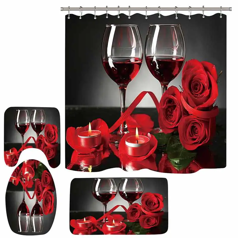 

3D Digital Printing Shower Curtain Set Romantic Red Wine Glass Rose Shower Curtain Carpet Mat Combination Bathroom Toilet Cushio