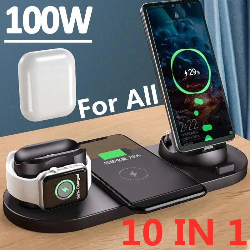 

100W 10 in 1 Qi Wireless Charger Stand For / 13 12 11 XS XR Fast Charging Dock Station for Headphones Pro a-pple Watch