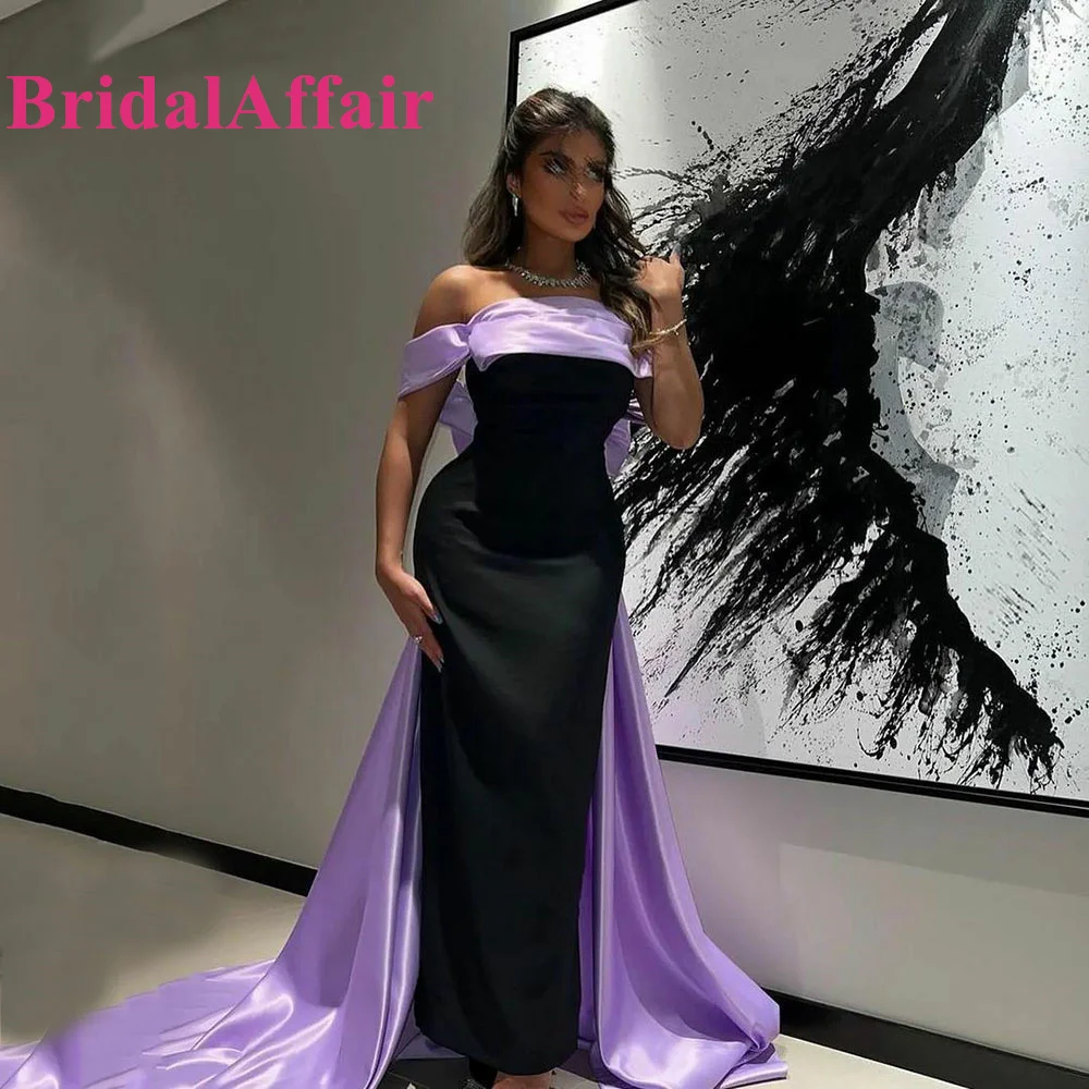 

BridalAffair Black Lavender Prom Dresses With Cape Arabic Party Gowns Mermaid Off The Shoulder Floor Length Formal Evening Dress
