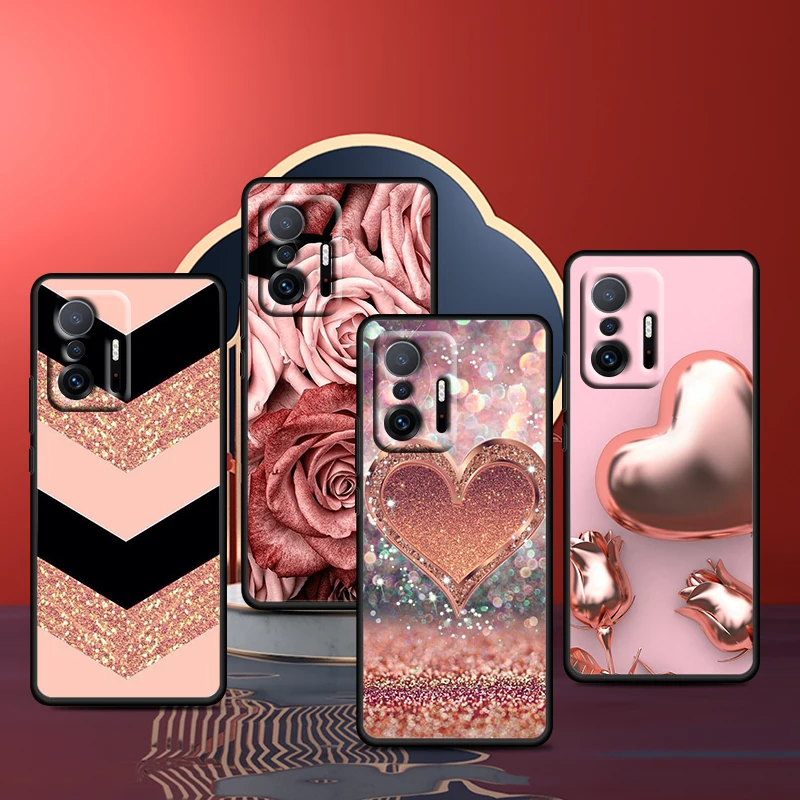 

Love Rose Gold Style for Xiaomi 11 11T 10T Note 10 Mi 9T Ultra Pro Lite 5G Funda Silicone Black Phone Case Coque Capa