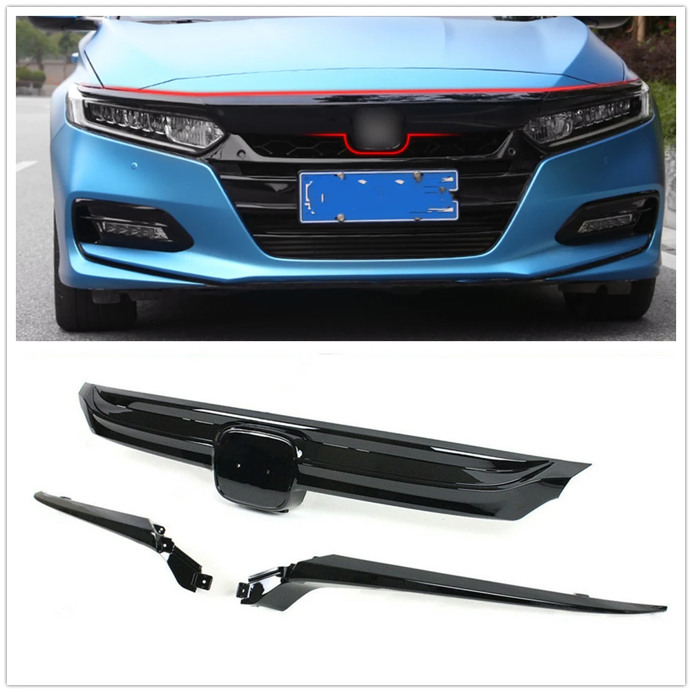 

Glossy Black Upper Front Grille Bumper Hood Grill+Headlight Eyebrow For Honda Accord 2018-2020 10th Gen Sedan JDM Sport Style