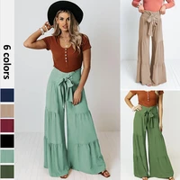 casual flared wide leg pants fashion solid pants women trousers boho elastic high waist lace up holiday pants