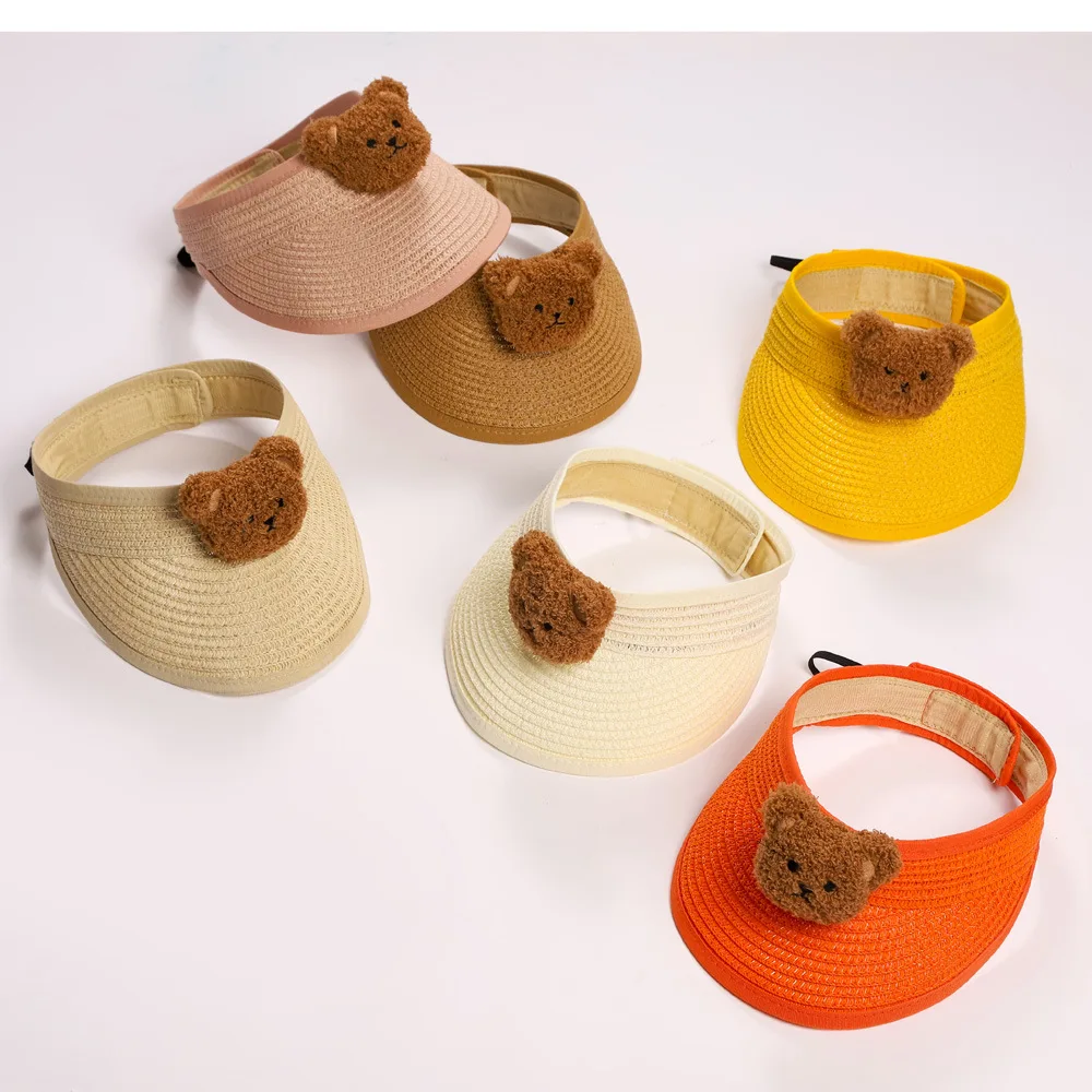 

Cute Bear Children Straw Cap Adjustable Kids Empty Top Hat Boy Girl Summer Beach Long Brim Bonnet Soft Outdoor Baby Sun Visors