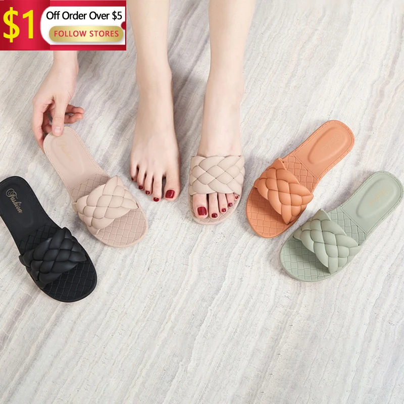 

New Summer Outdoor Beach Woven Flat Slippers Women Sandals Open Toe Casual Indoor Toe Slipper Female Sandalias 2023