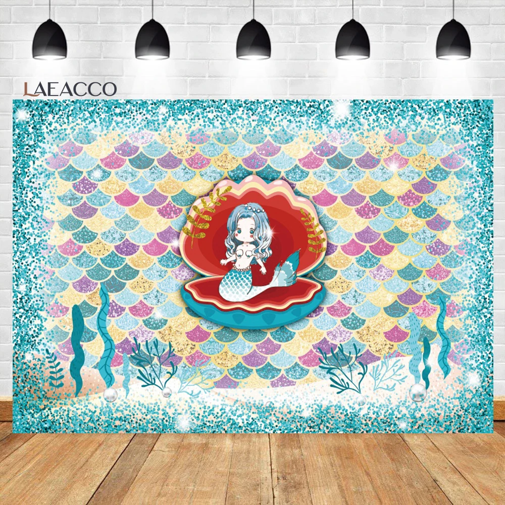 

Laeacco Under The Sea Mermaid Birthday Backdrop Glitter Blue Mermaid Scales Princess Baby Shower Portrait Customized Backdrop