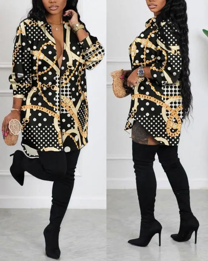 

Женское платье-рубашка с длинным рукавом, элегантное плиссированное платье в горошек с отложным воротником и принтом цепей, платье фигурис...