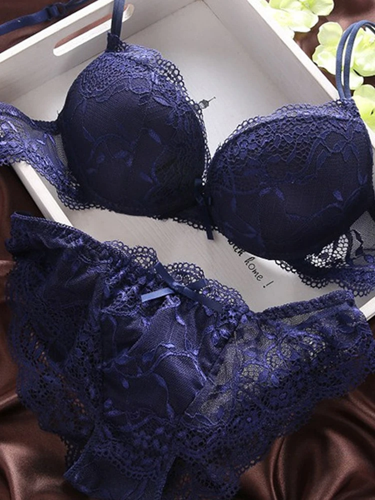 

European Style Sexy Bra Set Women Cotton Underwear Sexy Lace Panties Female Push Up Brassiere Fashion Solid Color Lingerie Set