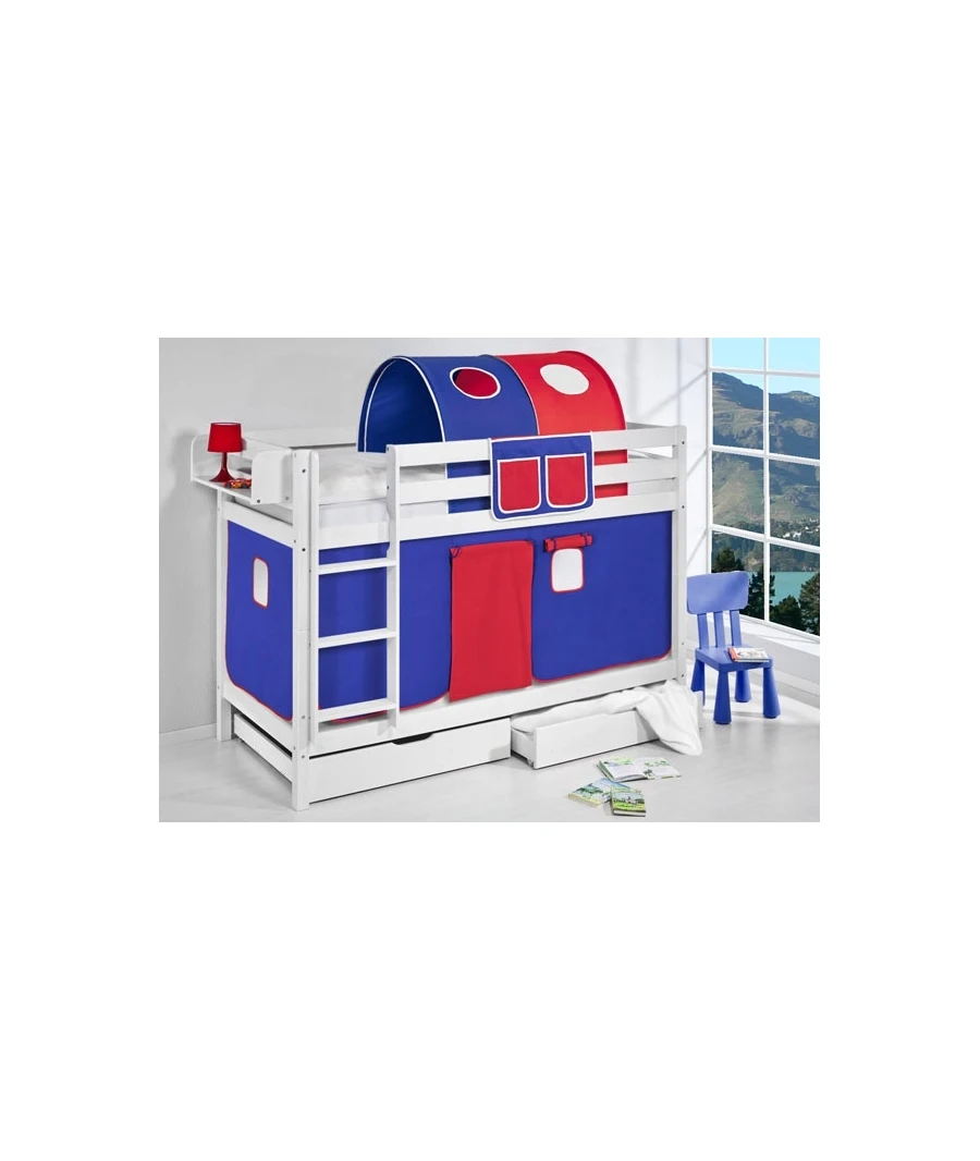 Blue Beard wood bunk-White-90x200-no extra bed-no drawers-blue-red | Beds