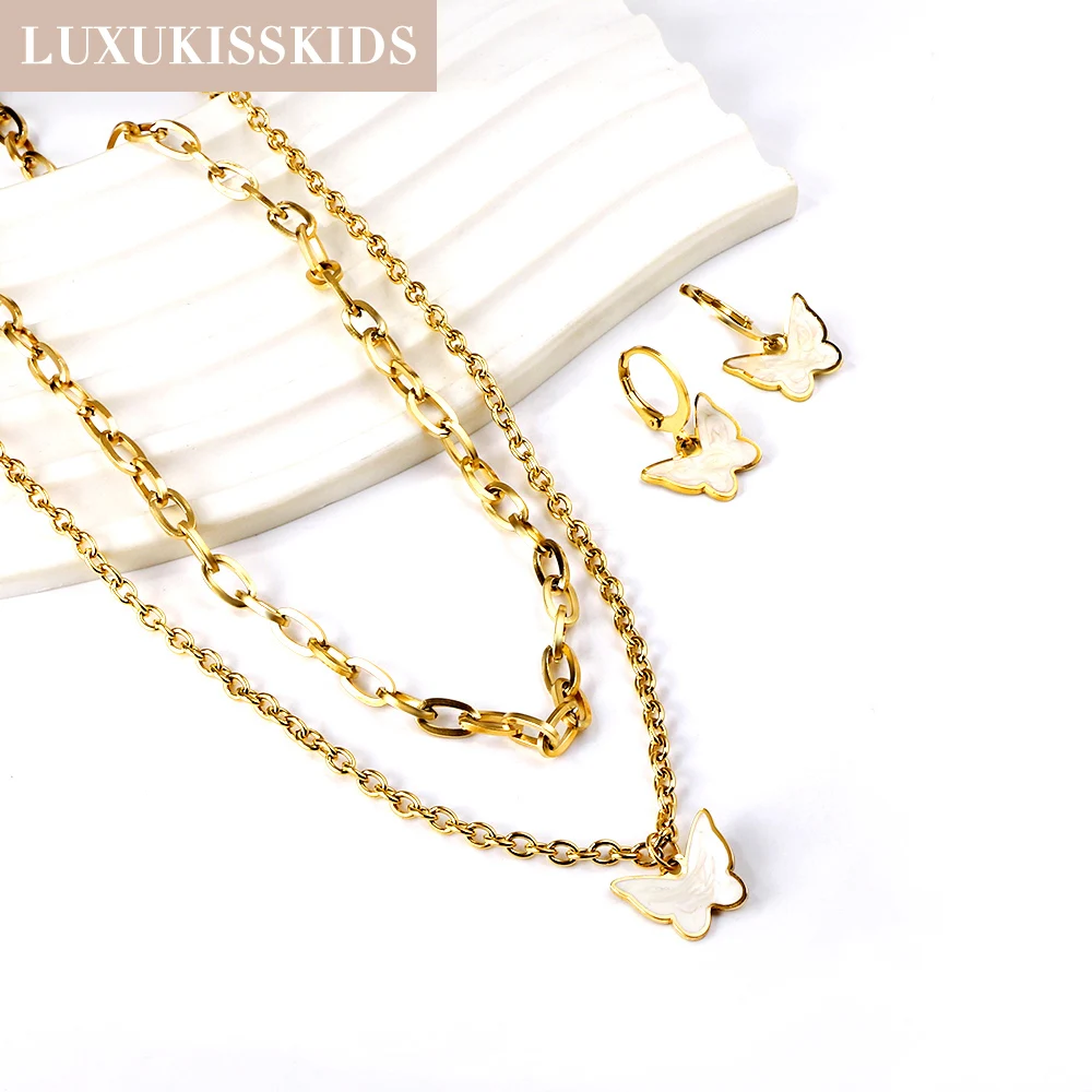 

LUXUKISSKIDS Elegant White Shell Butterfly Golden Jewelry Sets Korean Long Heart Pendant Necklaces Cute Drop Earrings For Women