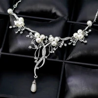rhinestone faux pearl flower necklace earrings women wedding jewelry set