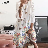 casual elegant comfortable slender colorful butterfly print loose waist dress long sleeve spring autumn womens clothing 2022