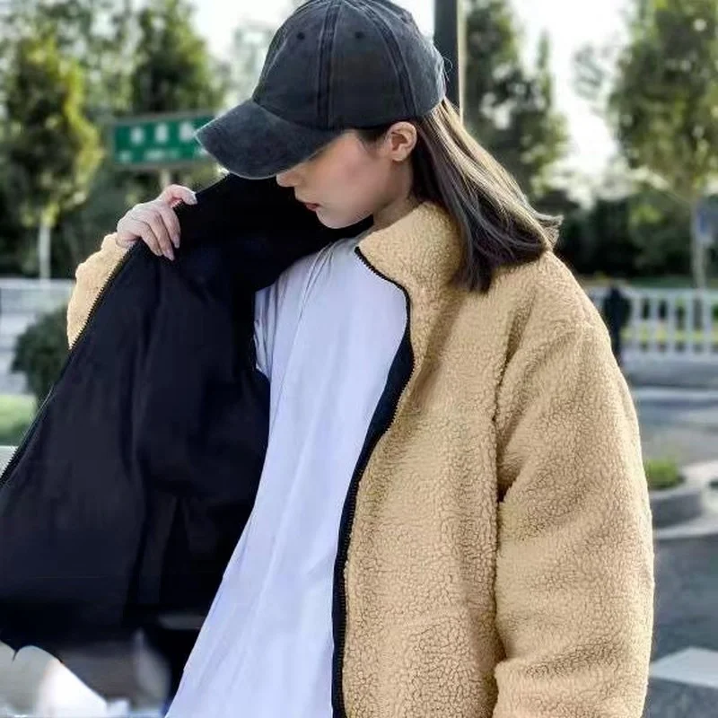 Women Fashion Lovers Lamb Velvet Warm Cotton Clothes For Men And Women Down Jacket Wear Both Sides Loose Stand-up Collar Jacket