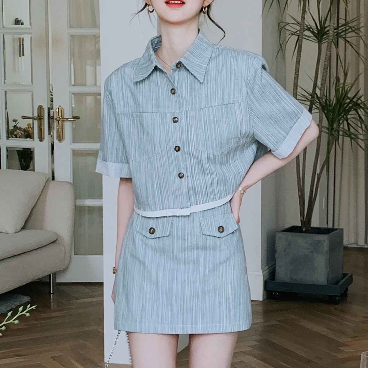 

Vintage Summer Two Piece Skirt Set Women Solid Elegant Casual Mini Skirt Suit Female Korean Style Short Sleeve Crop Top Coats