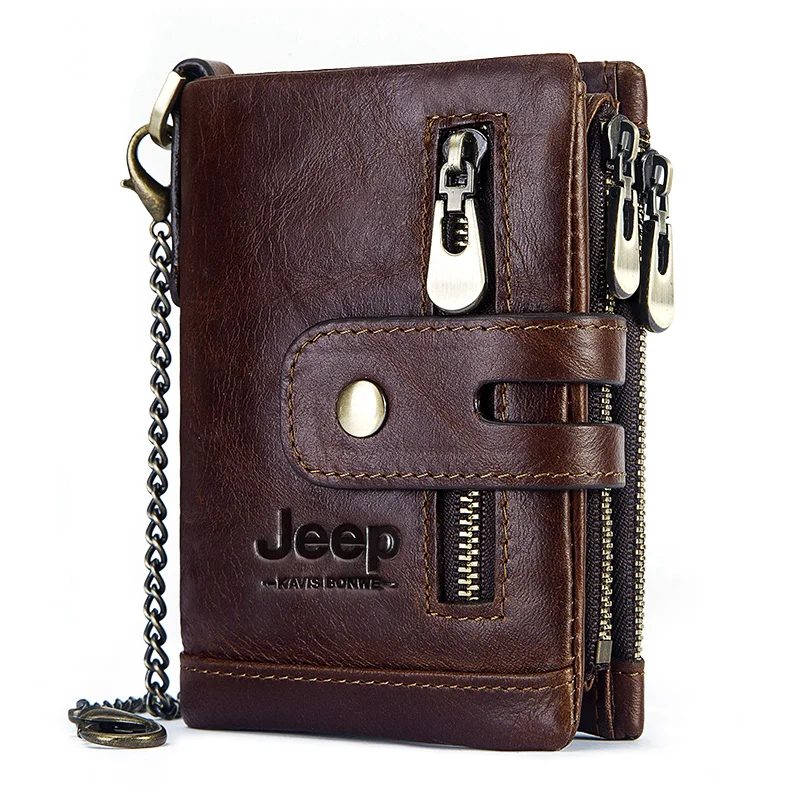 NEW 2022 100% Genuine Leather Men Wallet Double Zipper Portomonee Male Slim Walet Pocket Coin Pouch Small Mini Card Holder