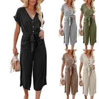 womens 2022 summer new loose casual v neck lace up pocket jumpsuit