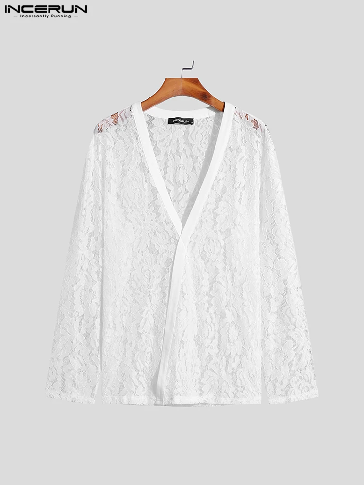 INCERUN Tops 2022 American Style Men's Collarless Design Cross Blouse Fashion Casual Male Perspective Long-sleeved Shirts S-5XL