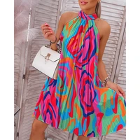 summer women abstract print sleeveless pleated casual dress fashion femme party halter mini vacation dress 2022 lady wear