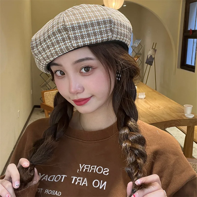 Женский осенне-зимний восьмиугольный берет в клетку винтажная шапка художника